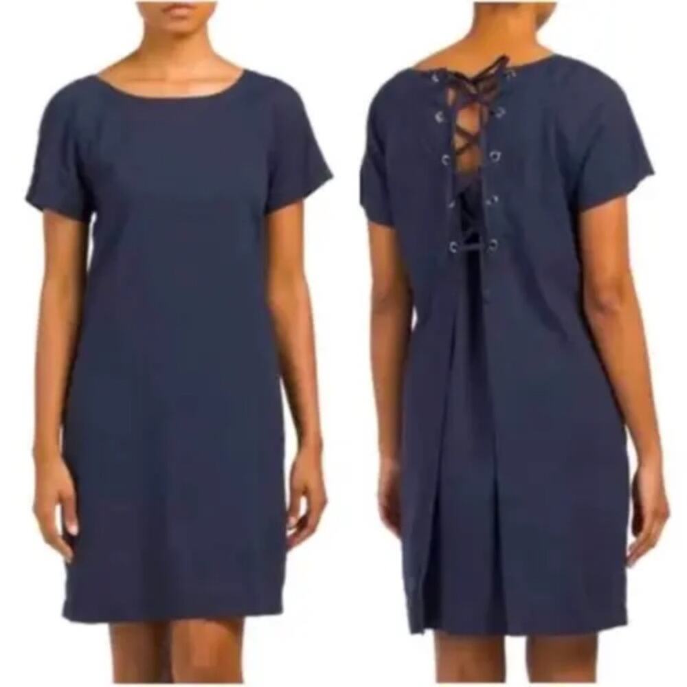 Theory Spring Navy Caliver Linen Blend Blue Lace Back Dress size 8